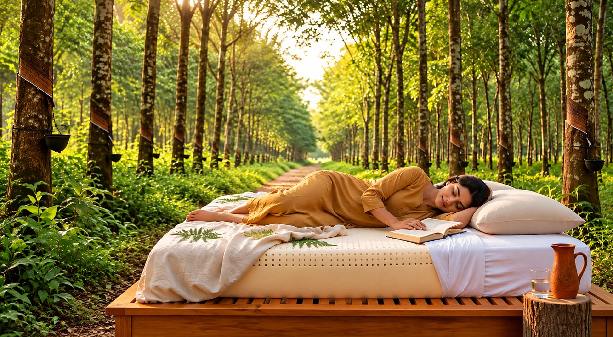A woman resting on a natural latex mattress in a sunlit rubber plantation